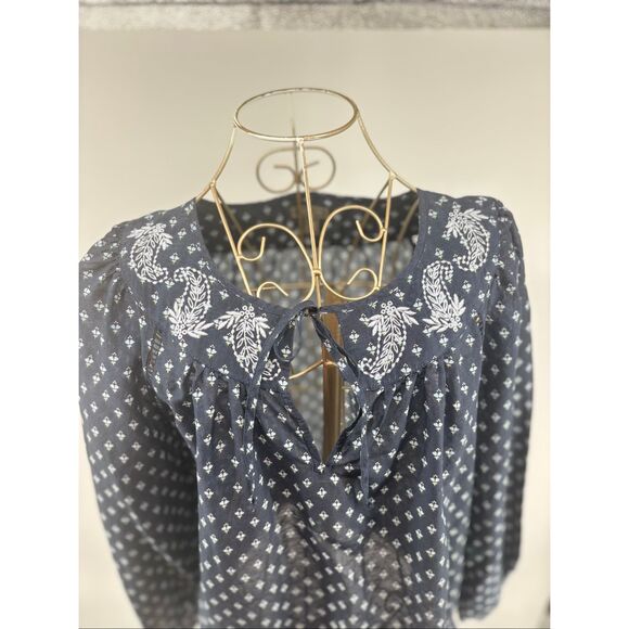 JCREW Point Sur embroidered block print peasant top Navy Women’s Size XS - Picture 6 of 10